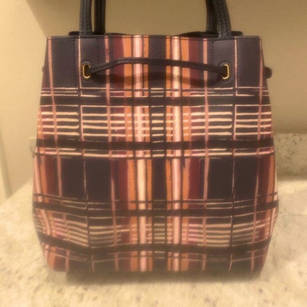 Tory Burch Rare Kerrington Drawstring Tote Philly Plaid  12.5 W x 11.5 H x 6 D